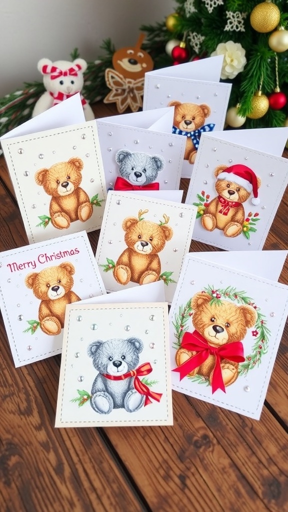 Beary Christmas Card Ideas with Stampin A variety of Christmas cards with bear designs, festive colors, and embellishments on a wooden table.